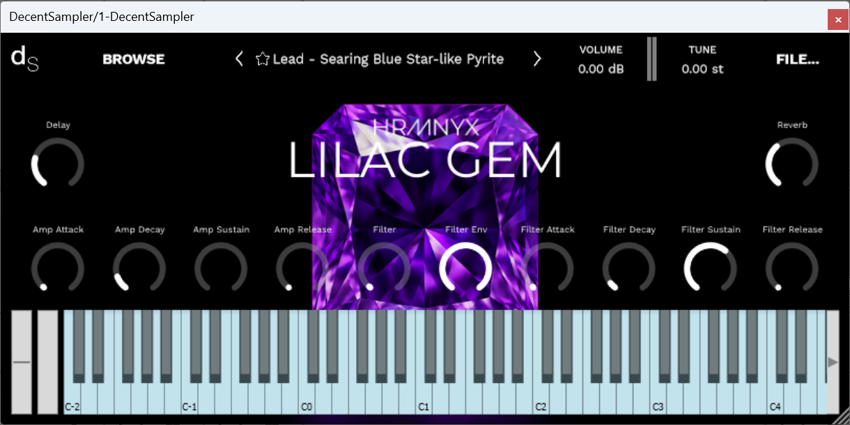 A screenshot of the Lilac Gem Sample Library instrument interface in Decent Sampler.
